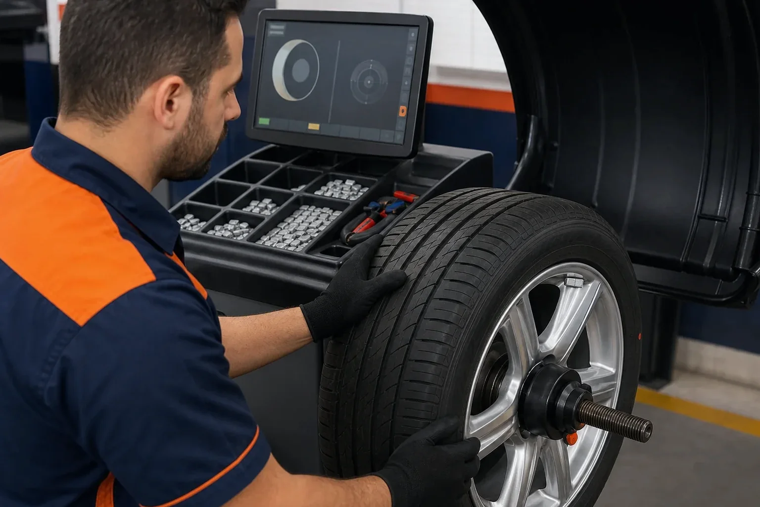 Equipamento de balanceamento de rodas em funcionamento em uma borracharia em Araras.